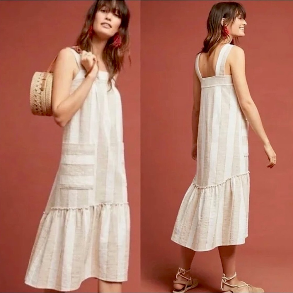 Anthropologie “Maeve” brand linen dress with cream and khaki stripes